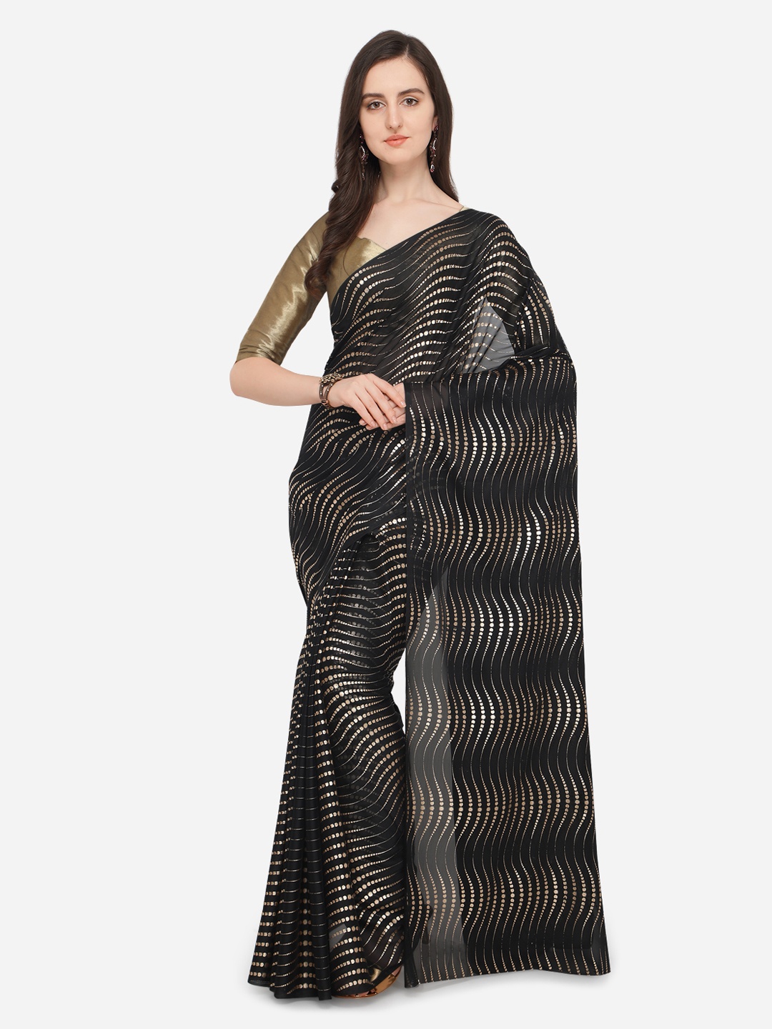 Ishin Black Printed Poly Georgette Saree
