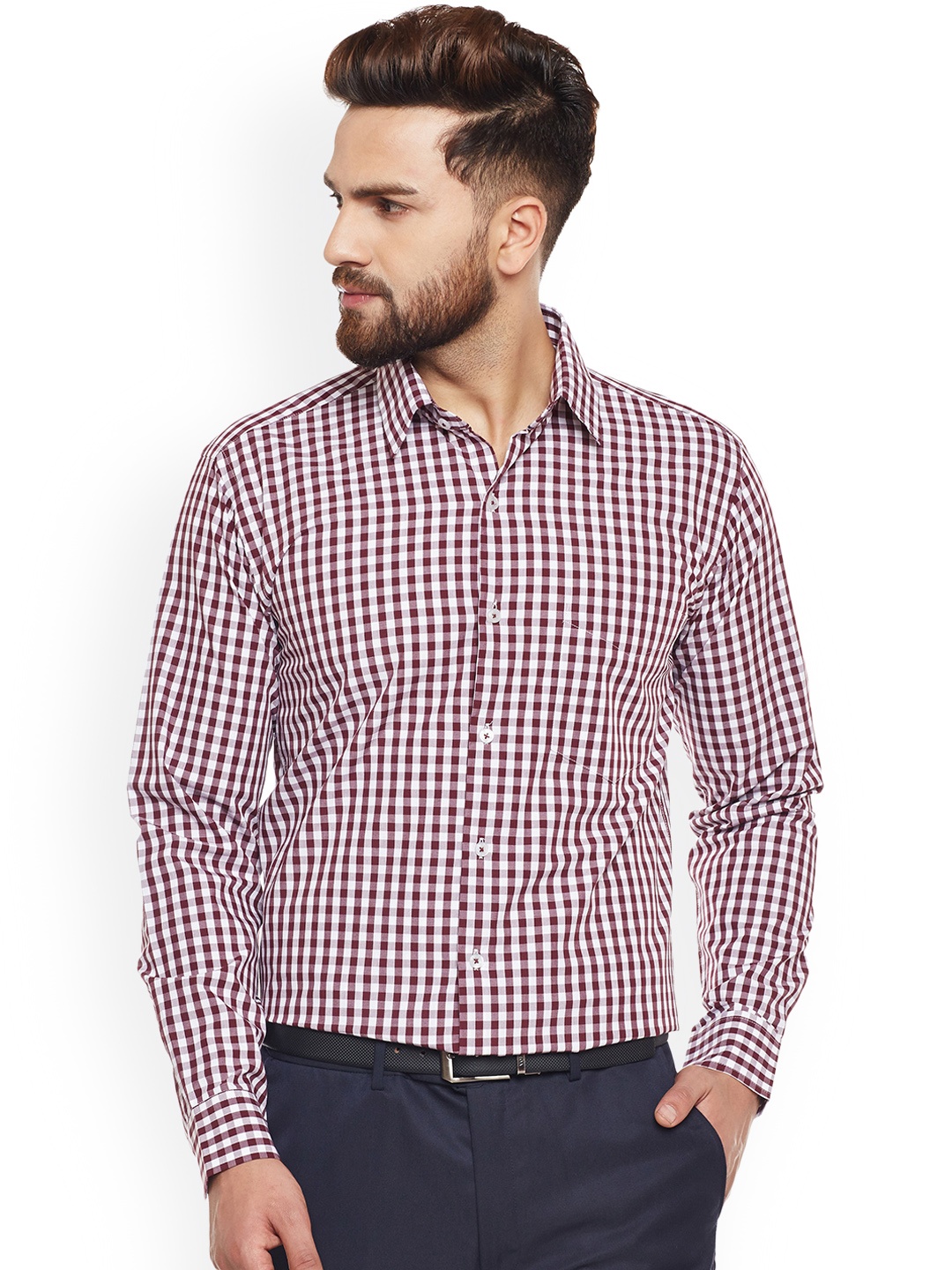 Hancock Men Maroon & White Slim Fit Checked Formal Shirt