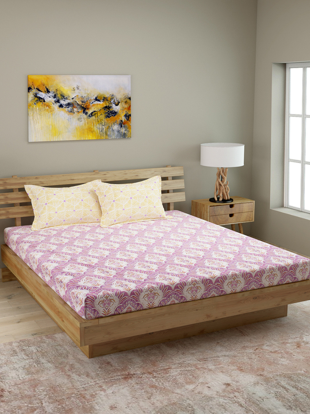 ROMEE Purple & Beige Ethnic Motifs 144 TC Cotton 1 Queen Bedsheet with 2 Pillow Covers 
ROMEE Purple & Beige Ethnic Motifs 144 TC Cotton 1 Queen Bedsheet with 2 Pillow Covers