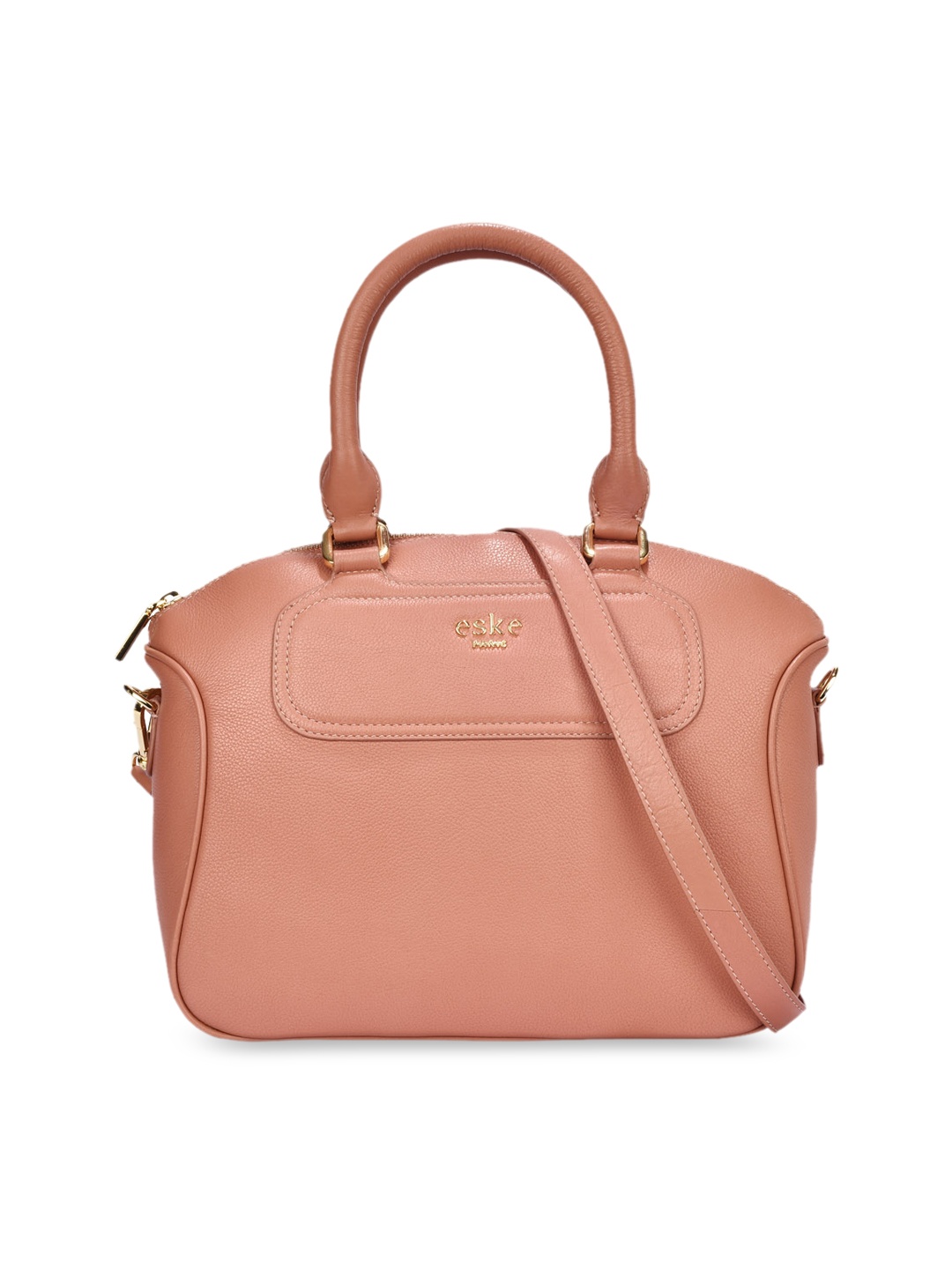 Eske Peach-Coloured Solid Leather Satchel