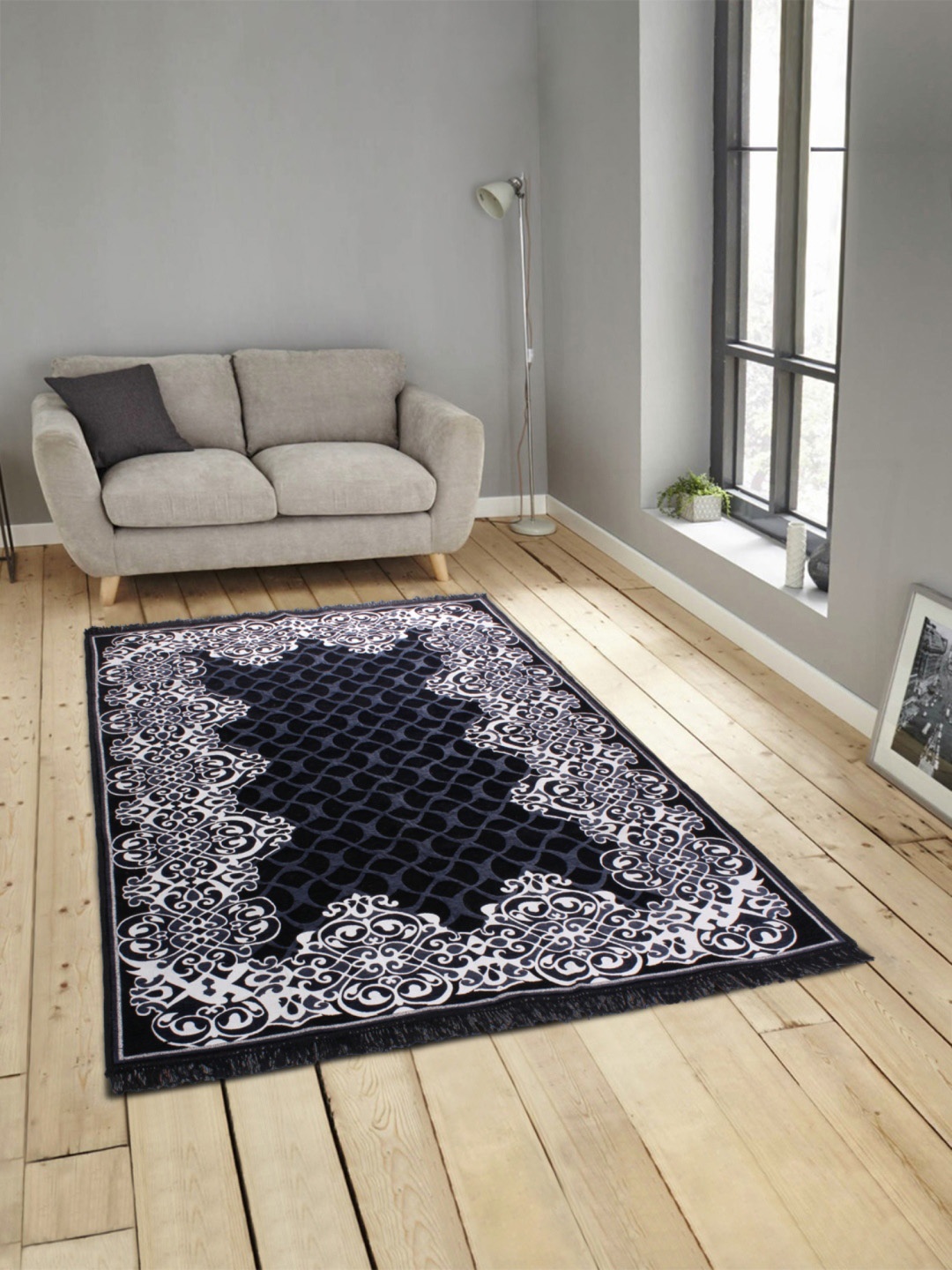 ROMEE Black & Grey Polyester Printed Anti-Skid Carpet