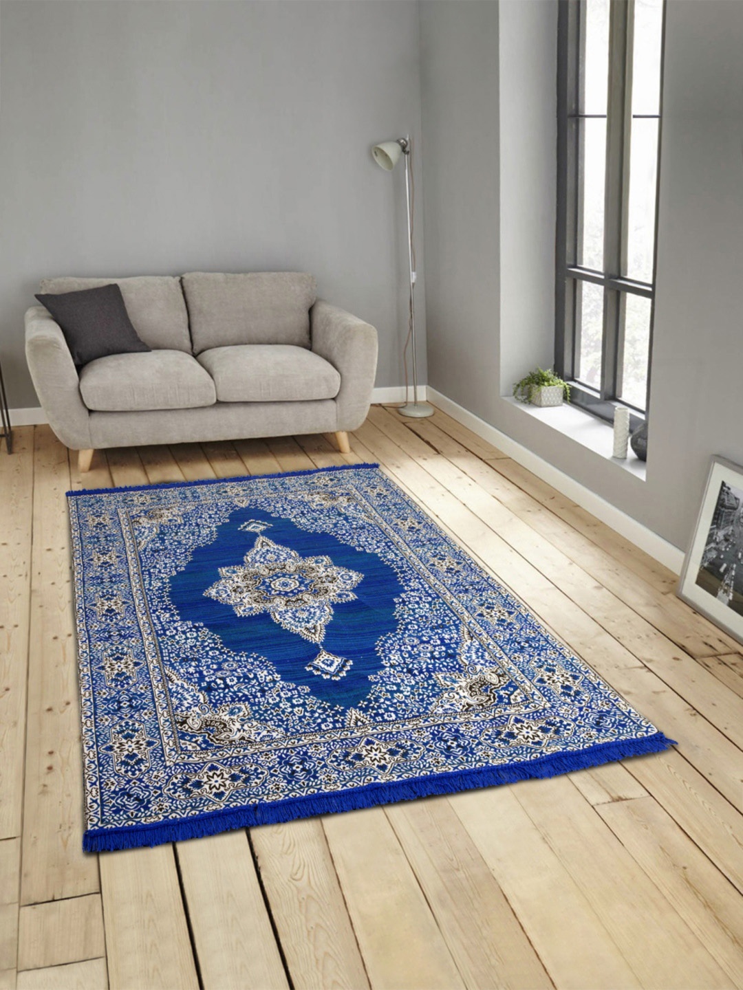 ROMEE Blue & Beige Polyester Printed Anti-Skid Carpet