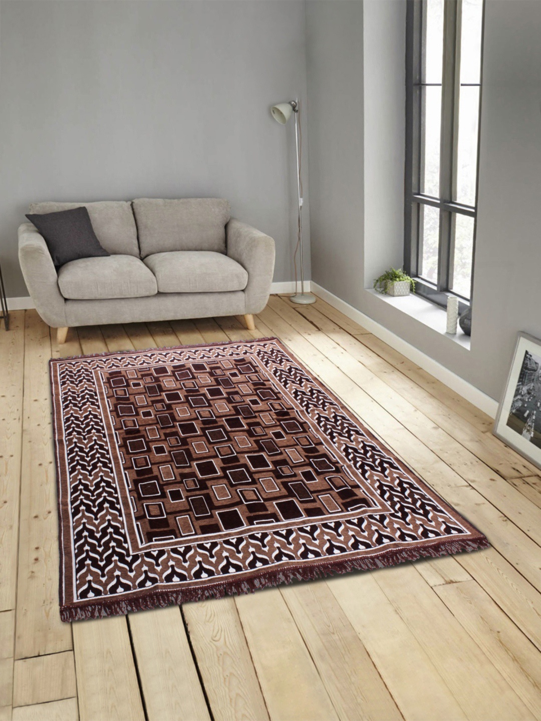 ROMEE Brown Polyester Printed Anti-Skid Carpet
