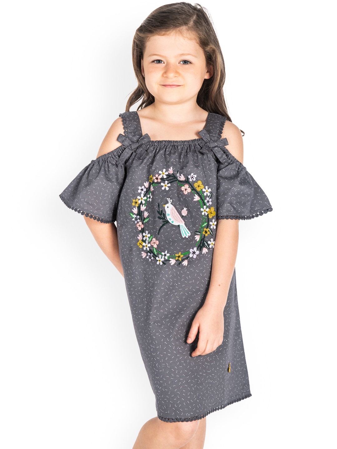Cherry Crumble Girls Grey Printed Embroidered A-Line Dress