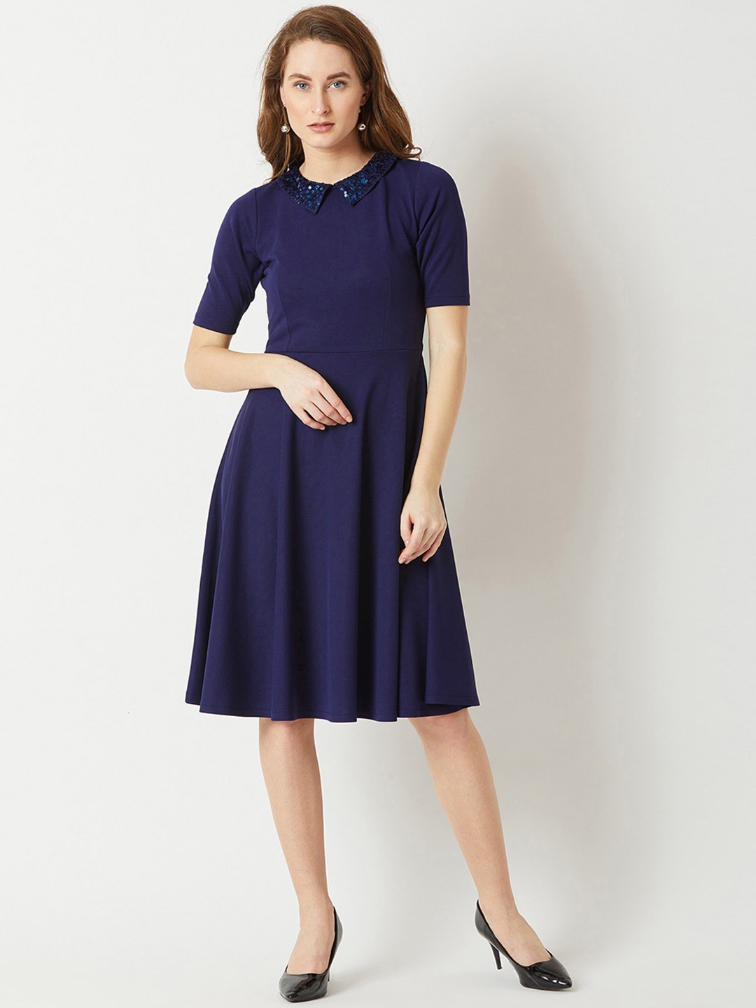 Miss Chase Women Navy Blue Solid Sequinned Collar Fit and Flare Dress