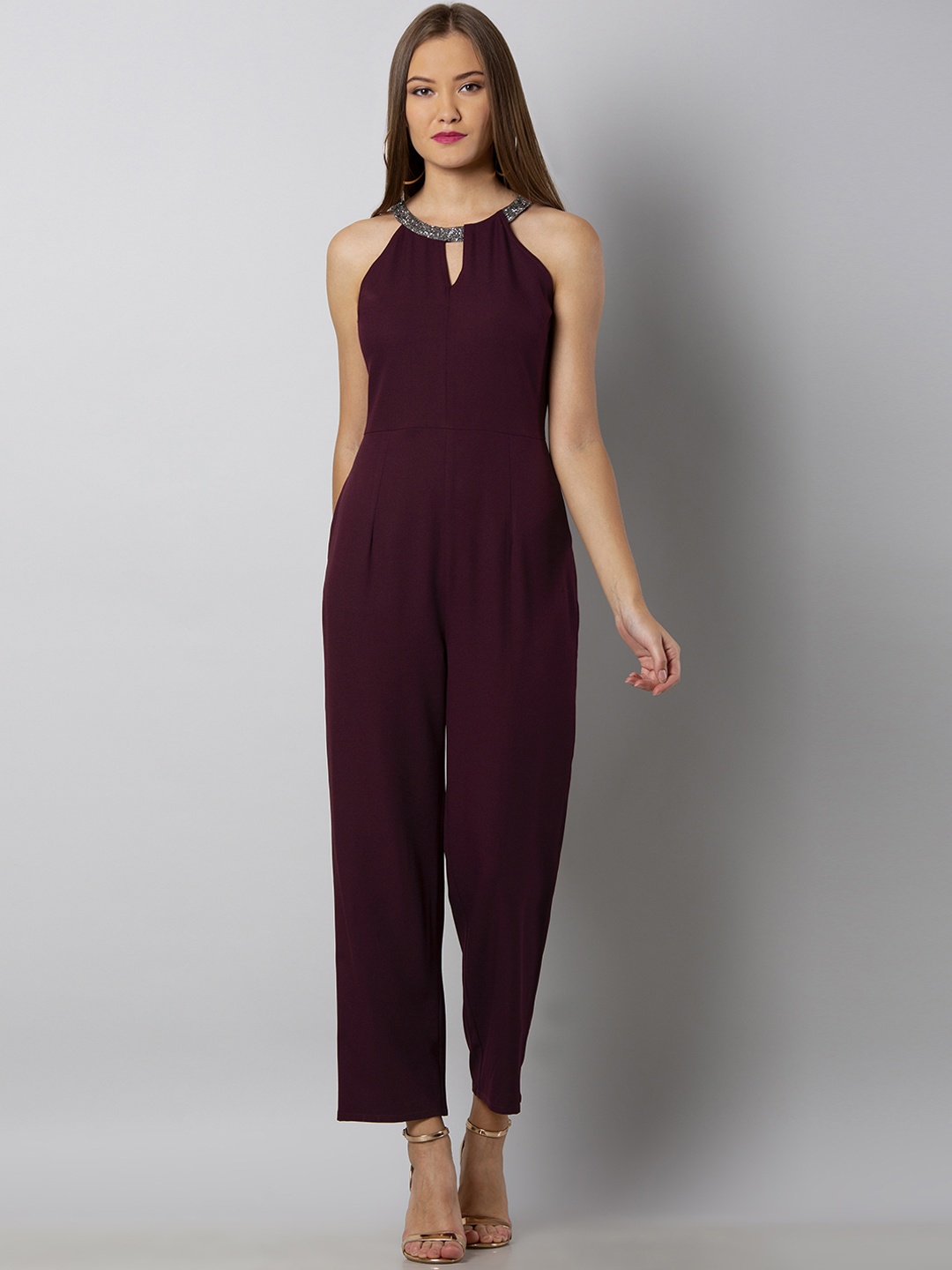 FabAlley Maroon Solid Basic Jumpsuit