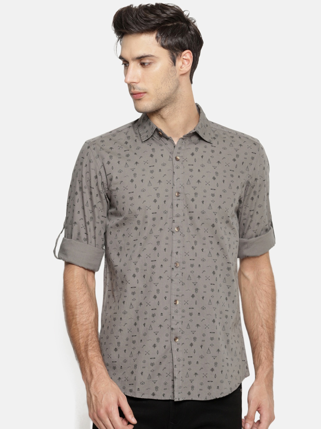 IVOC Men Olive Green Smart Slim Fit Printed Casual Shirt