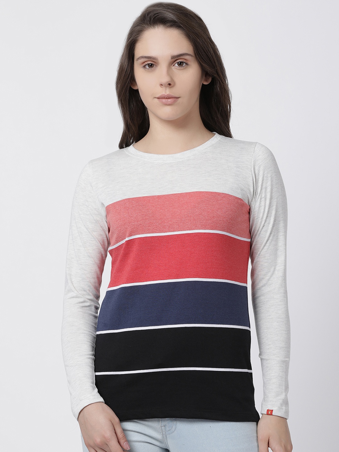 GOLDSTROMS Women Multicoloured Striped Round Neck T-shirt, Multi