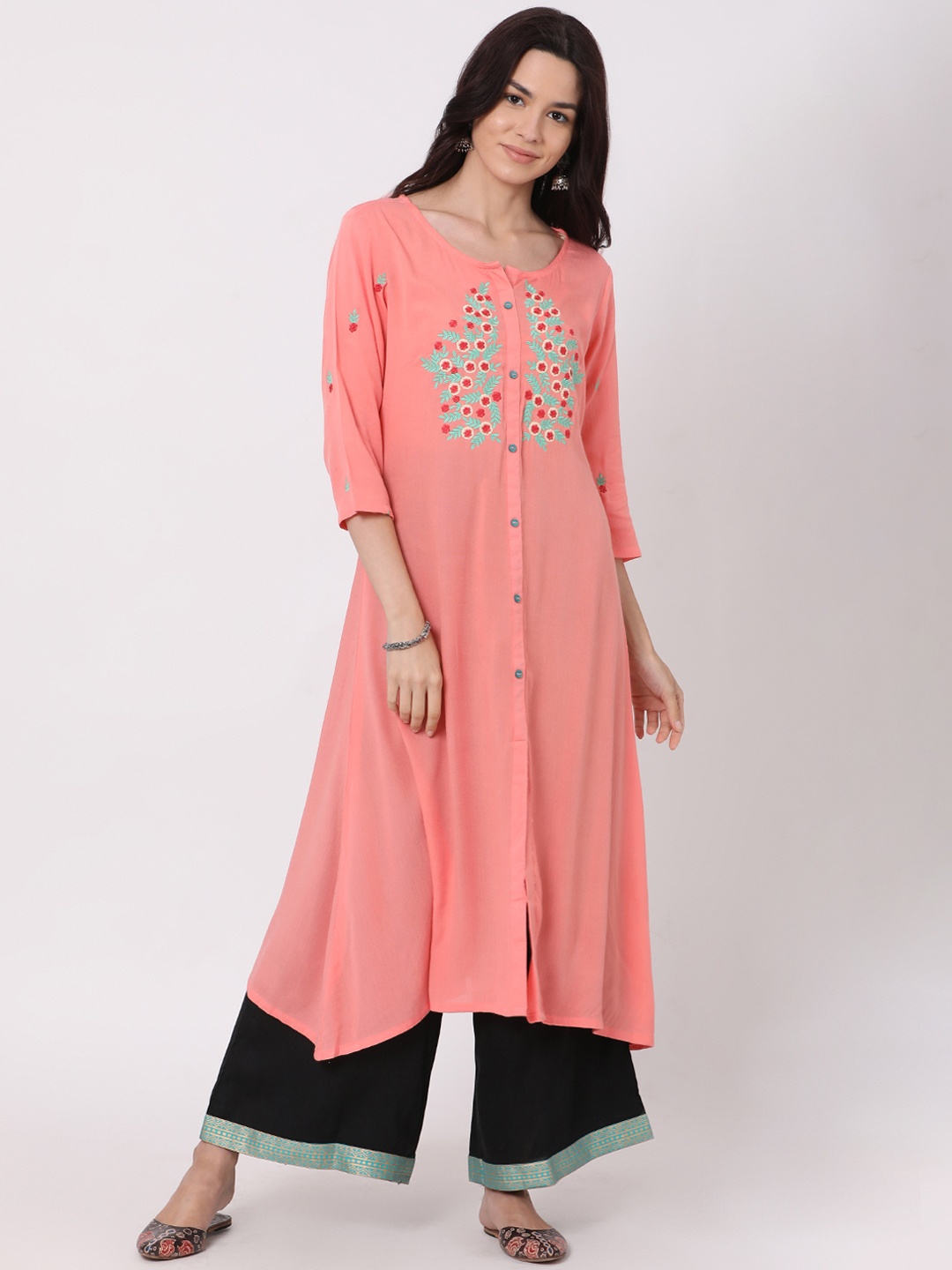 Alena Women Peach-Coloured Embroidered A-Line Kurta