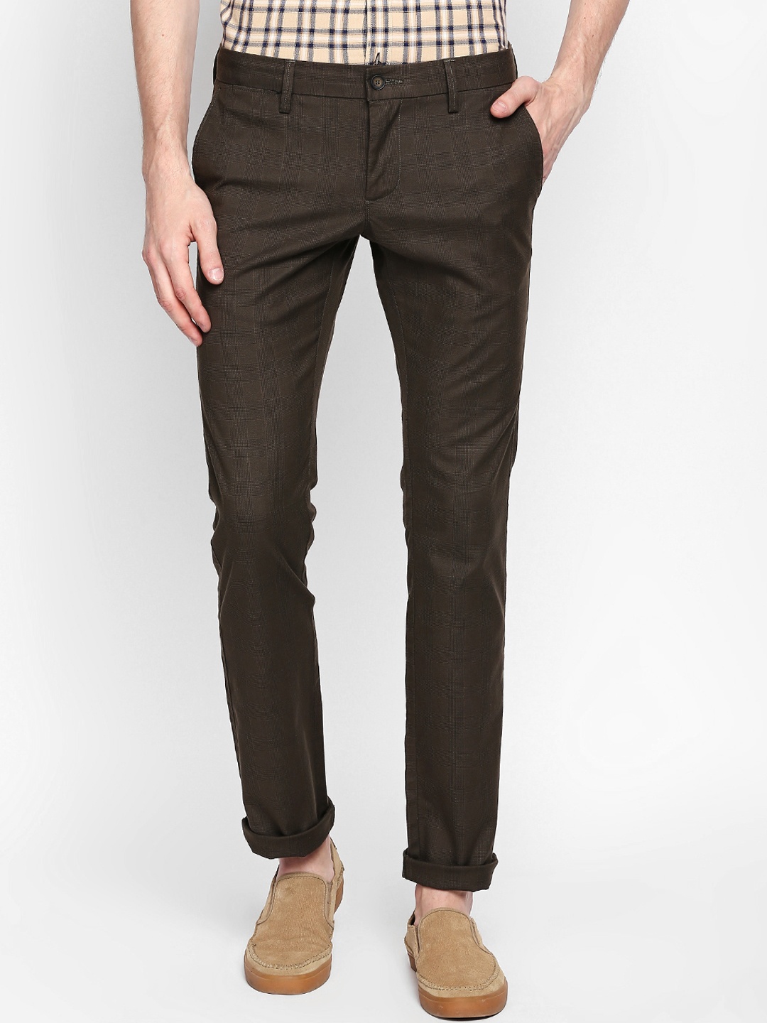 Basics Men Brown Skinny Fit Checked Regular Trousers