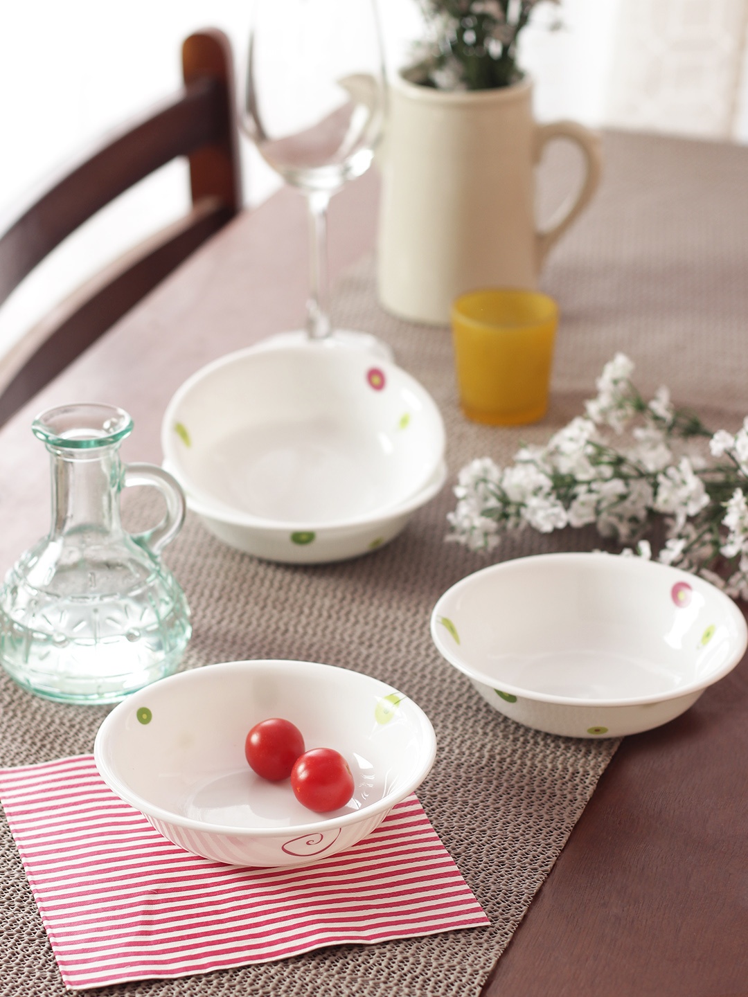 Corelle Set of 6 White Printed Glass Bowls Set