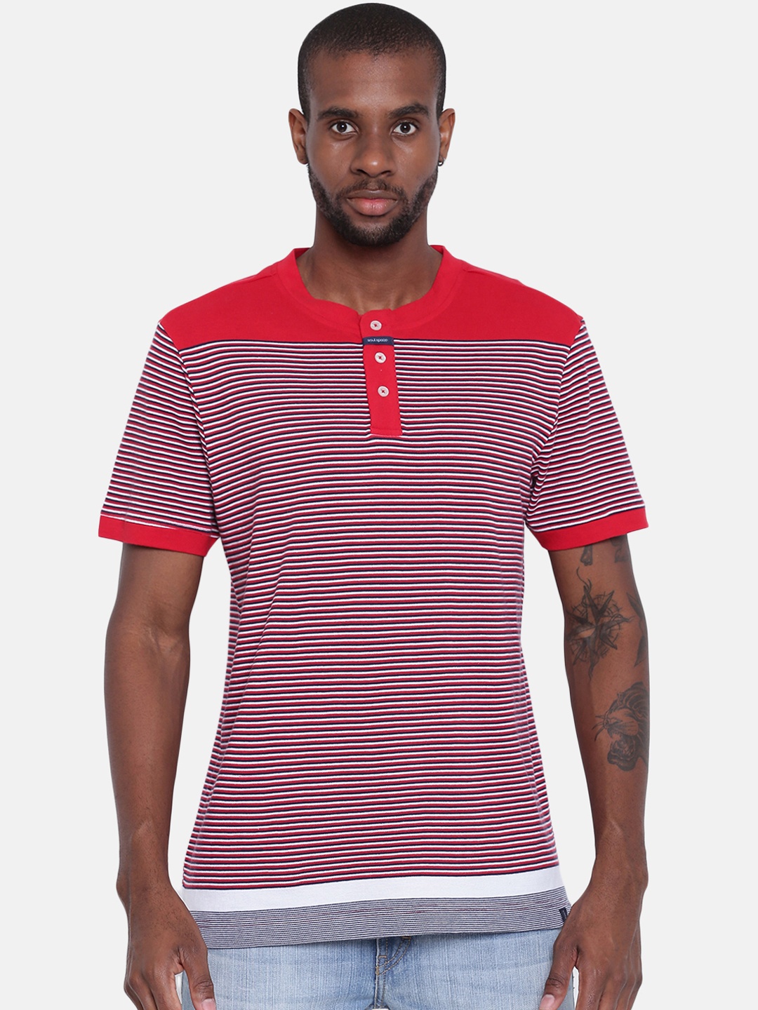 Soul Space Men Red Blue Striped Henley Neck Pure Cotton T-shirt