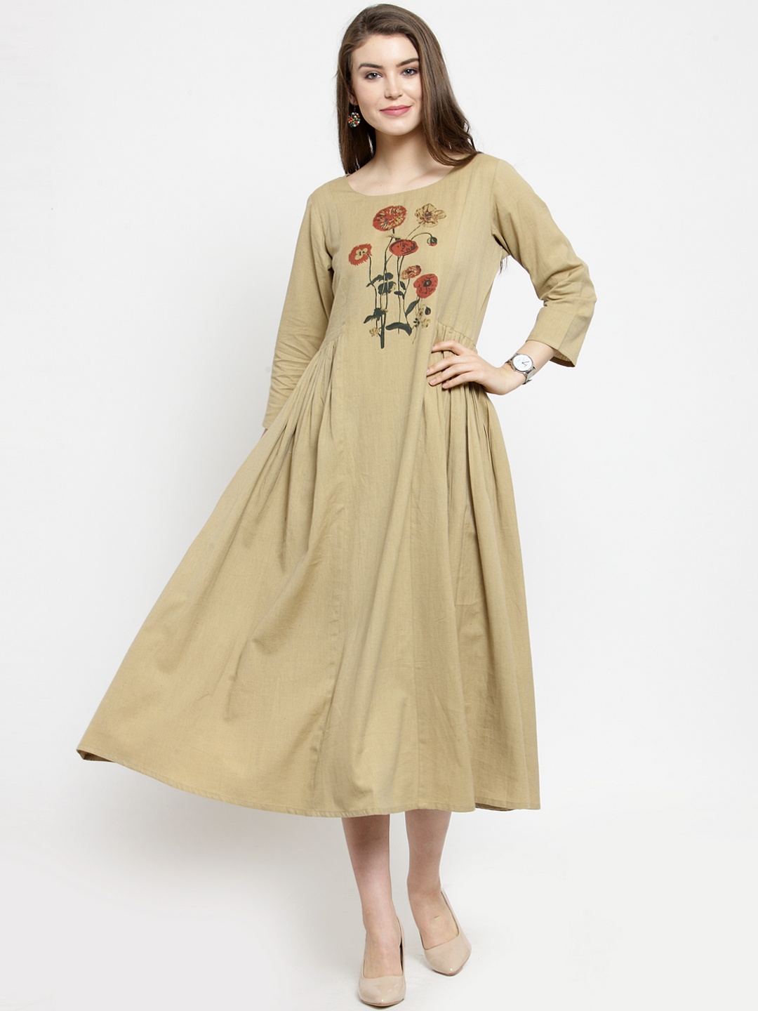 Varanga Women Beige Printed Fit and Flare Midi Dress
