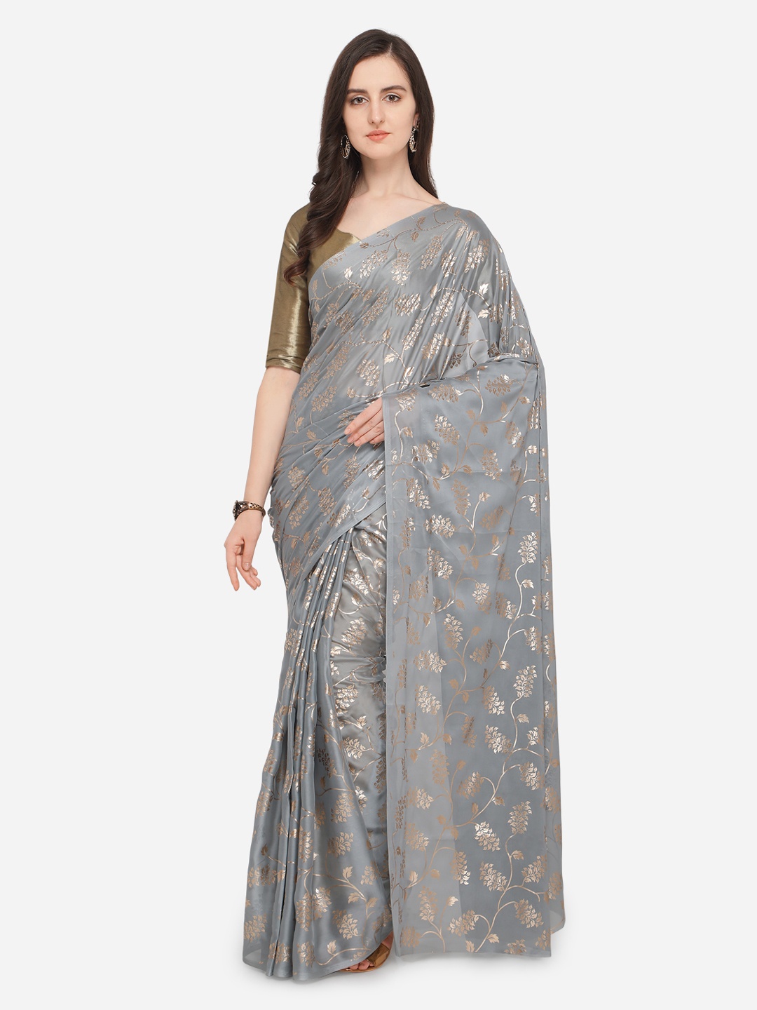 Ishin Grey Foil Printed Poly Georgette Saree