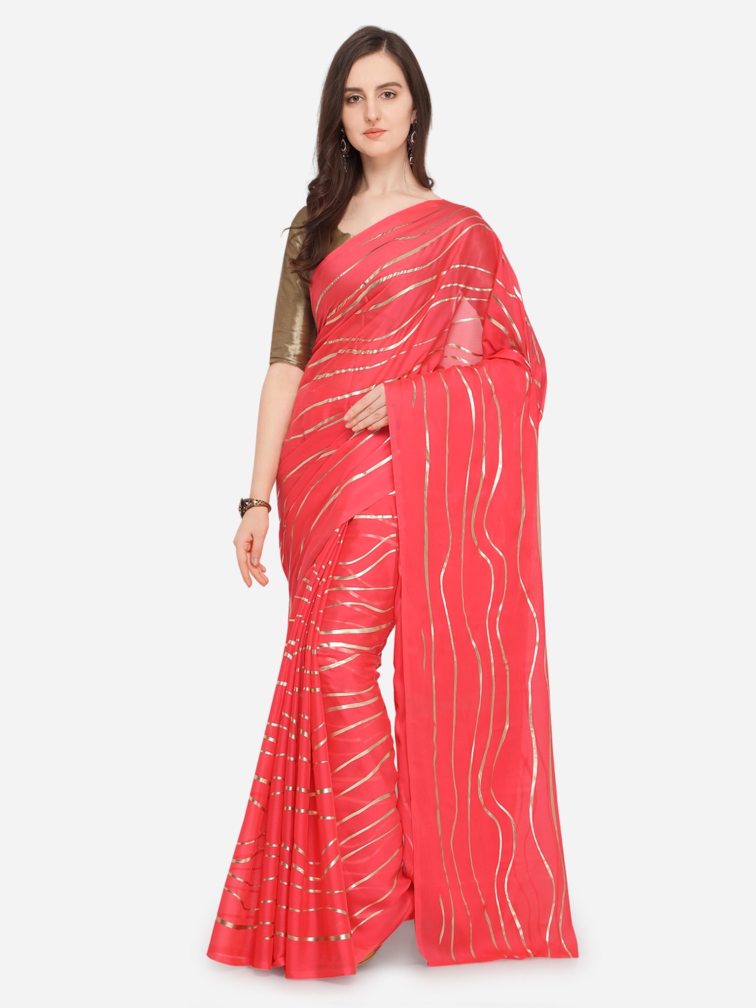 Ishin Peach-Coloured Printed Poly Georgette Saree