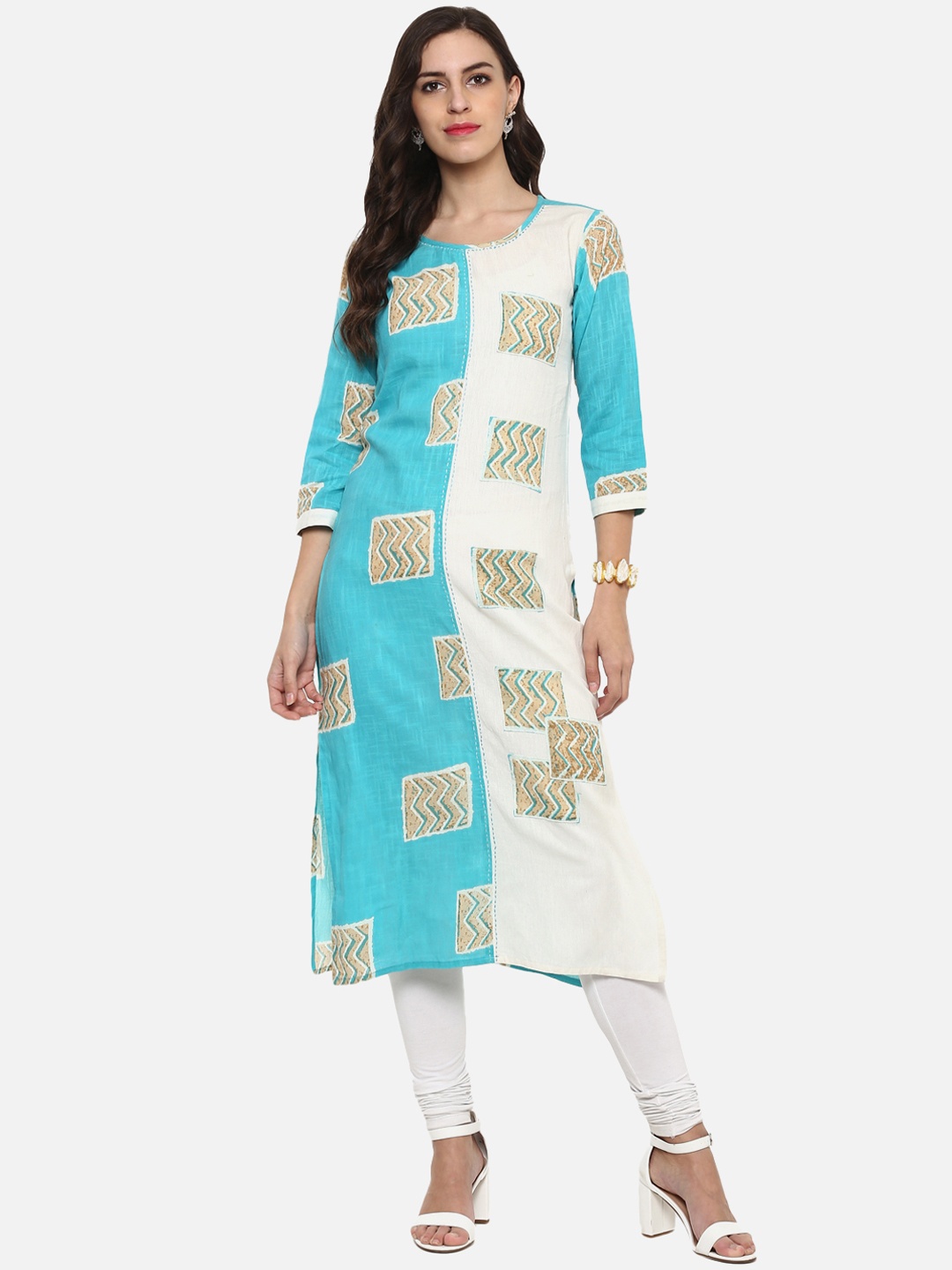 YASH GALLERY Women Blue & White Printed Straight Kurta