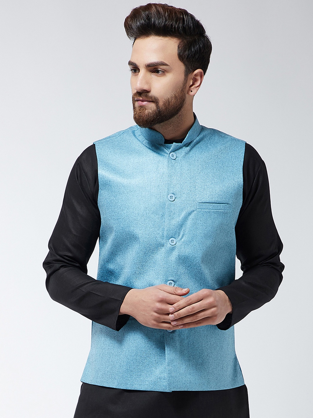 SOJANYA Men Turquoise Blue Solid Woven Nehru Jacket