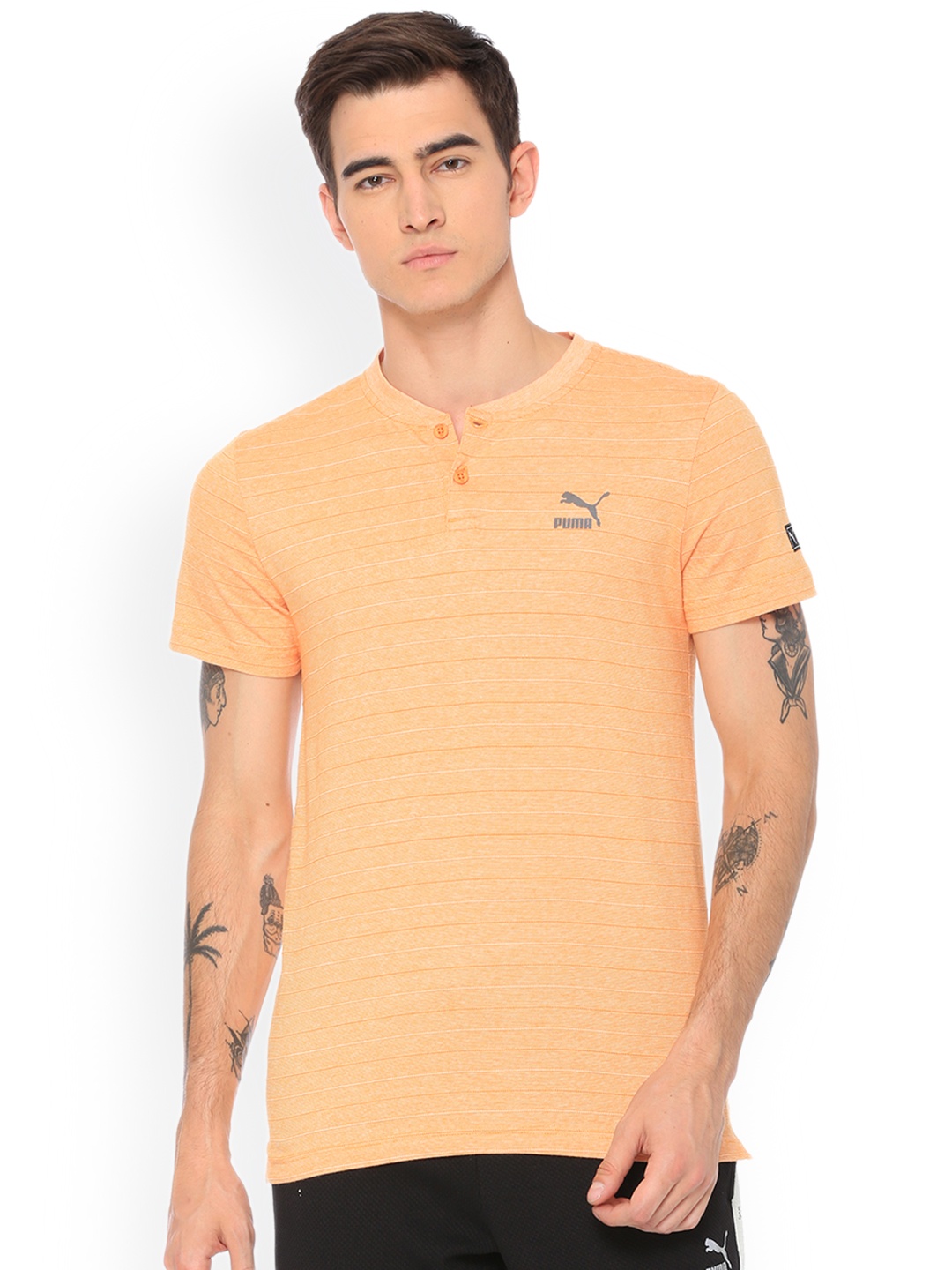 Puma Men Peach-Coloured Striped Round Neck T-shirt
