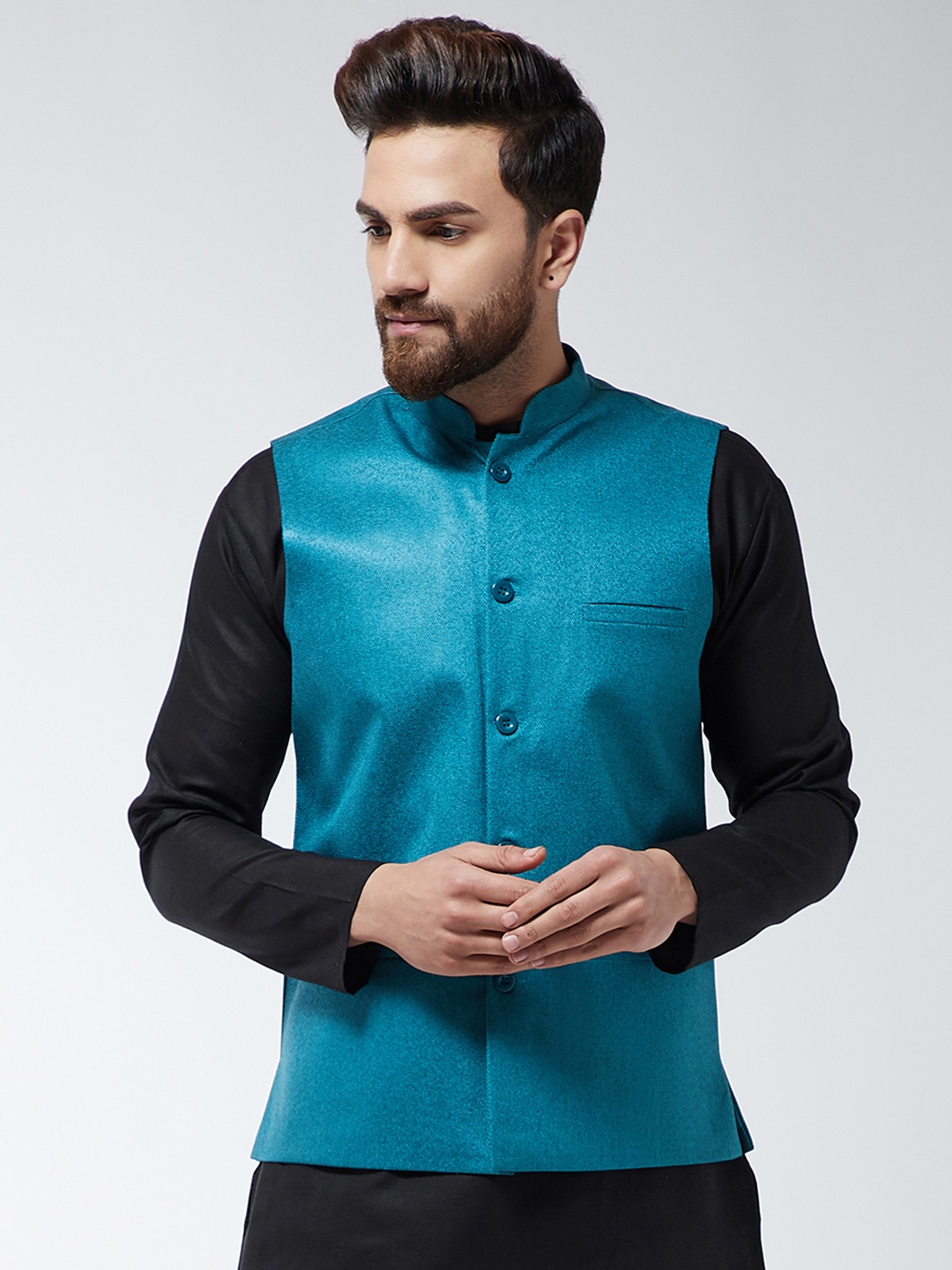 SOJANYA Men Blue Solid Woven Nehru Jacket