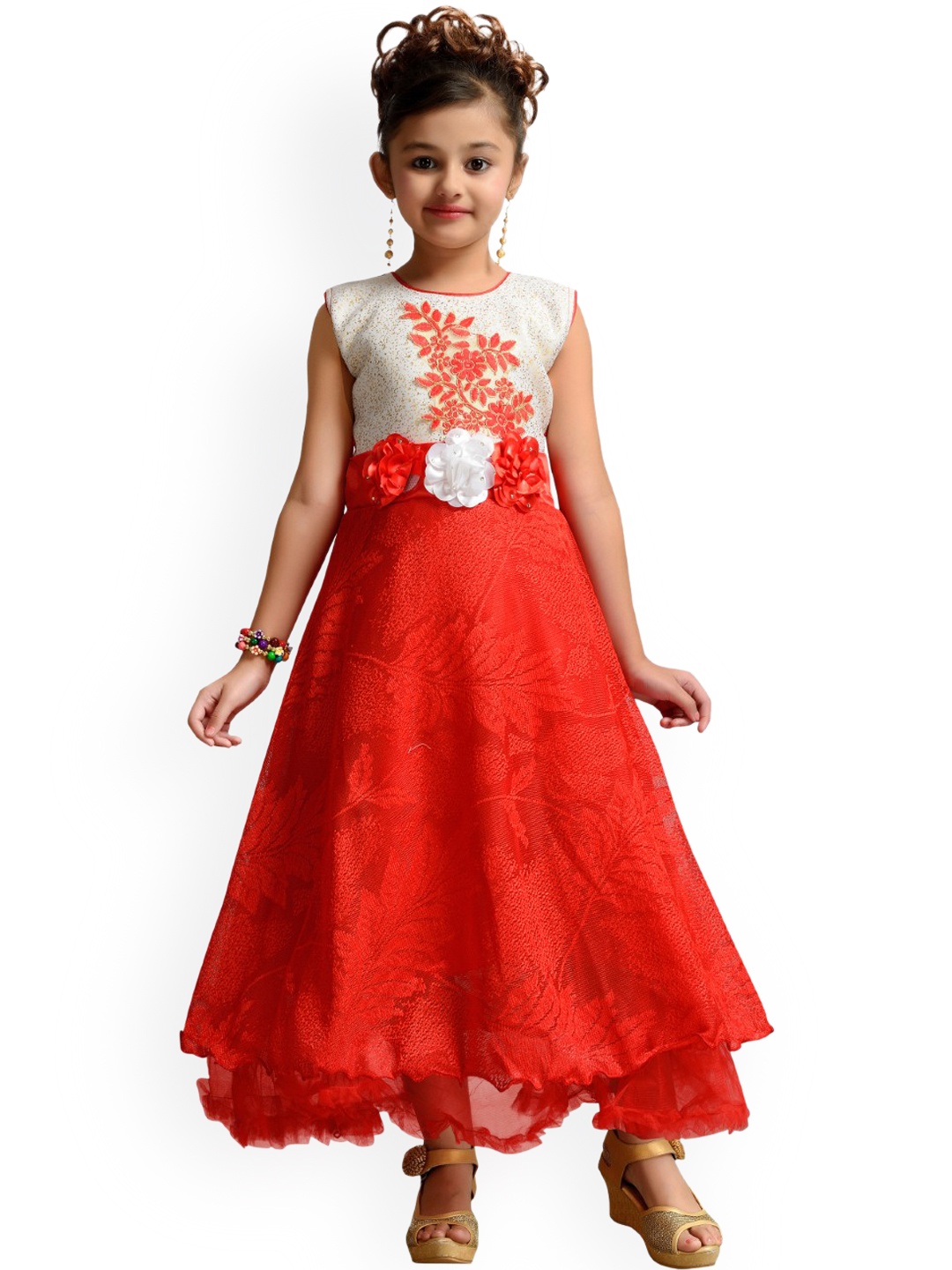 Kidling Girls Red Self Design A-Line Dress