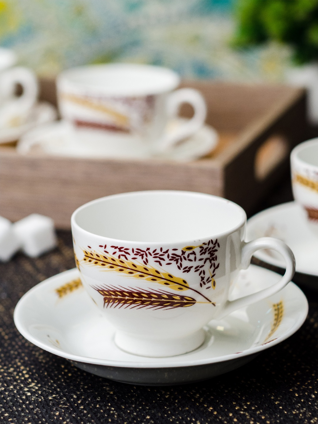 SONAKI White Set of 12 Printed Bone China Cups and Saucers