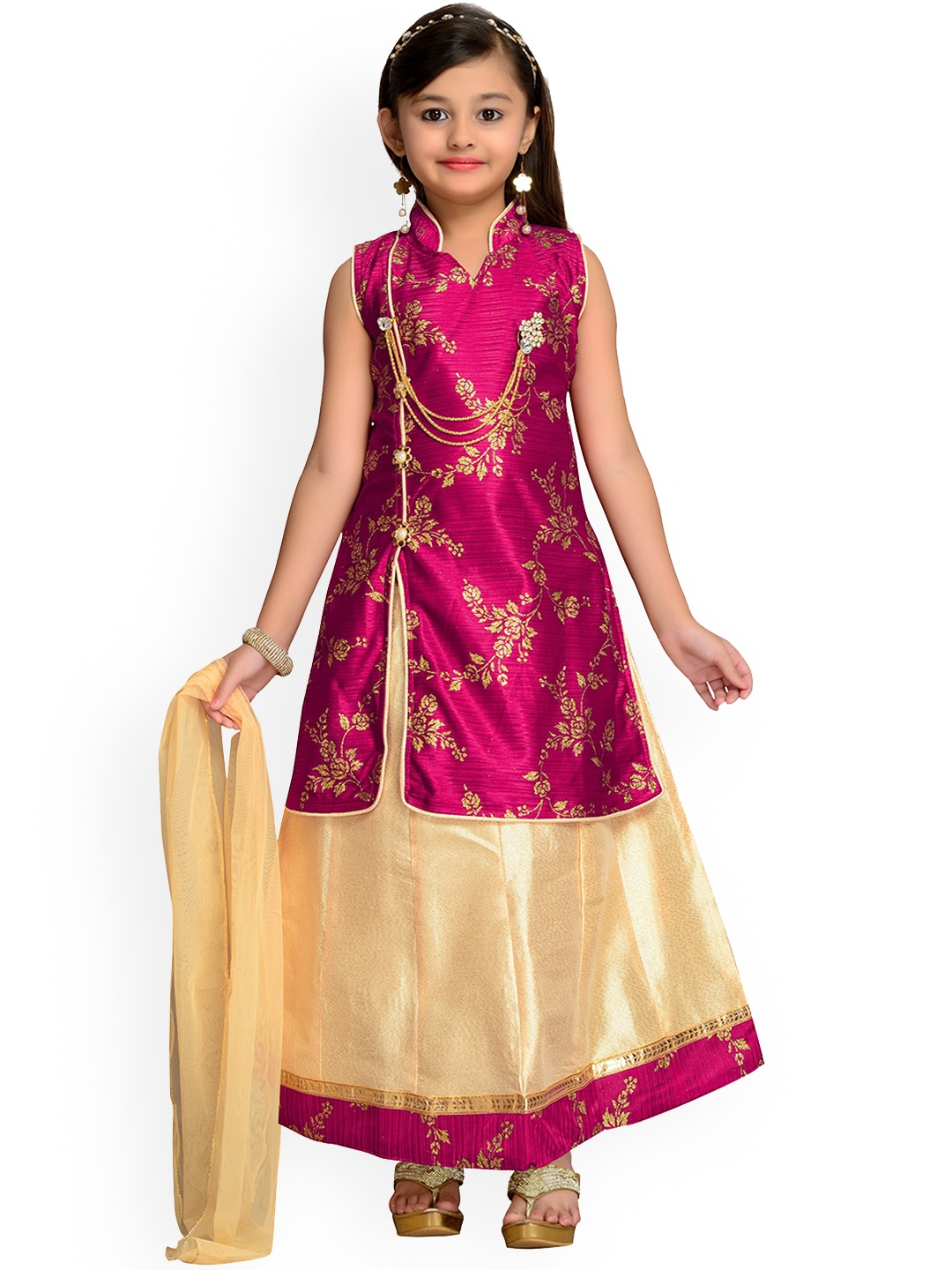 Kidling Girls Magenta & Yellow Printed Ready to Wear Lehenga & Blouse with Dupatta