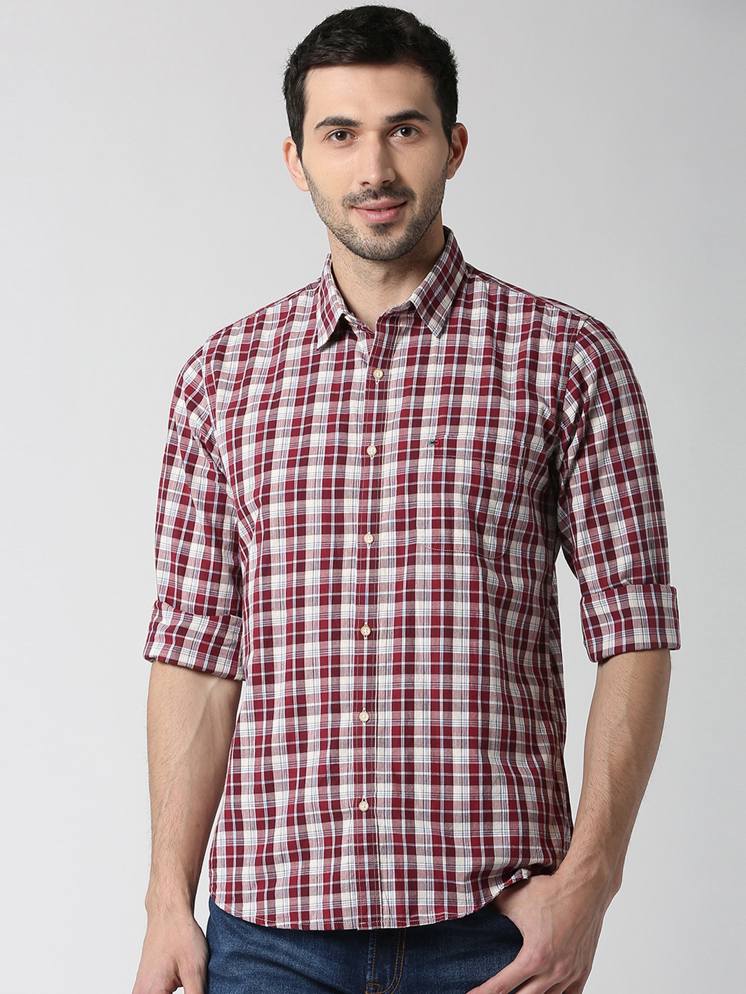 Peter England Casuals Men Maroon Slim Fit Checked Casual Shirt