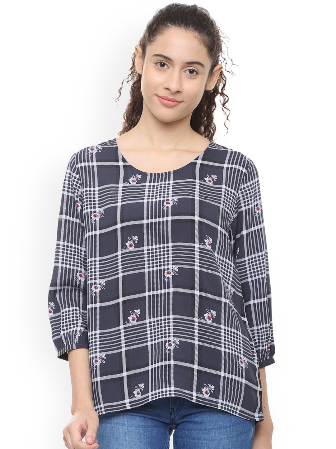 Van Heusen Women Black Checked A-Line Top