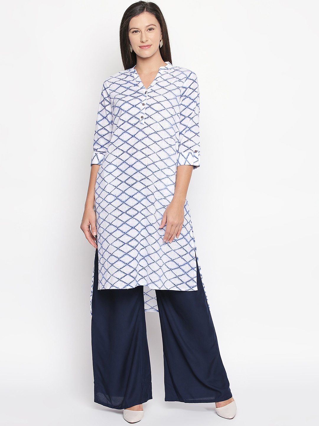 RANGMANCH BY PANTALOONS Women White & Blue Printed Straight Kurta