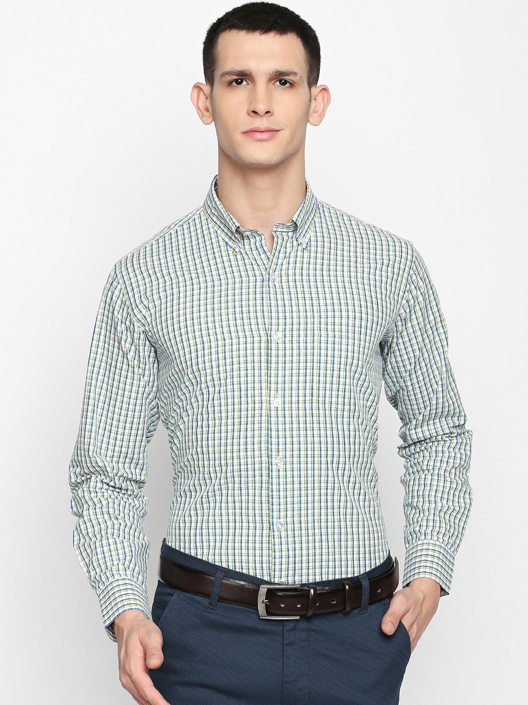 Hancock Men White & Yellow Slim Fit Checked Formal Shirt