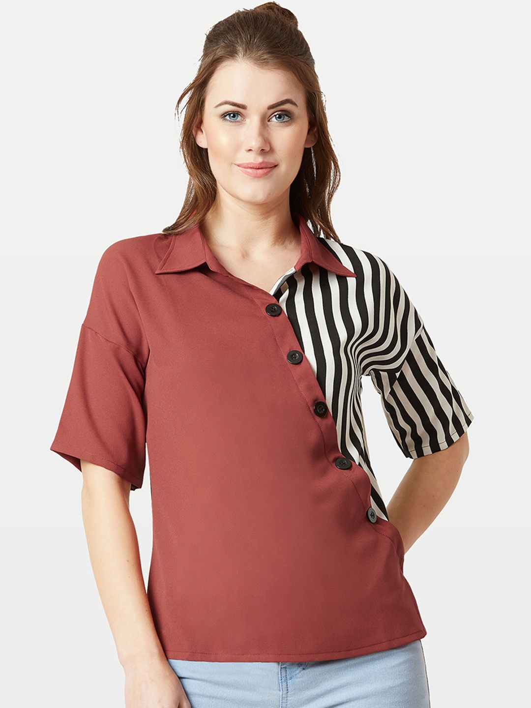 Miss Chase Women Maroon Striped Shirt Style Top