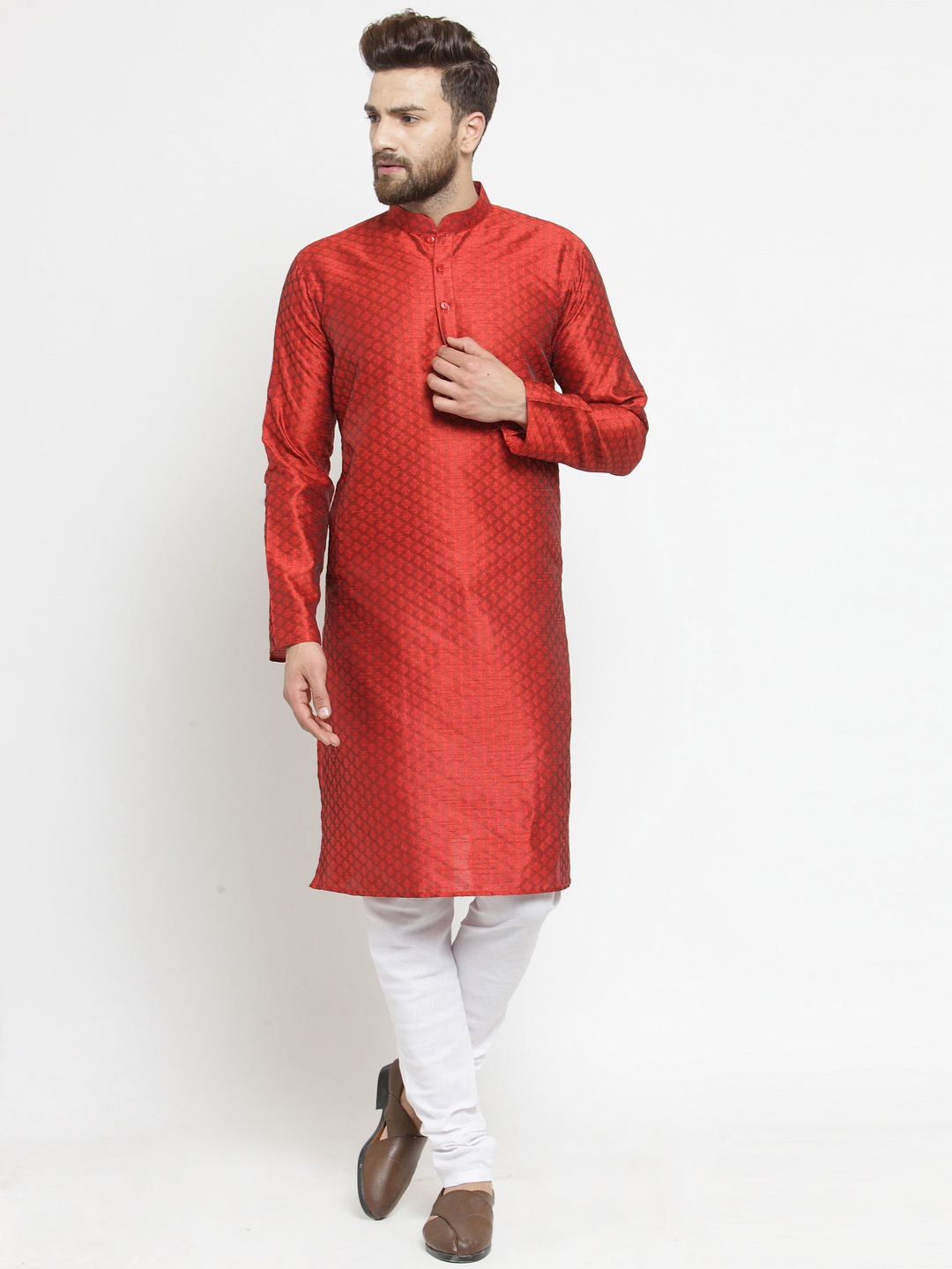 TREEMODA Men Red Woven Design Straight Linen Kurta