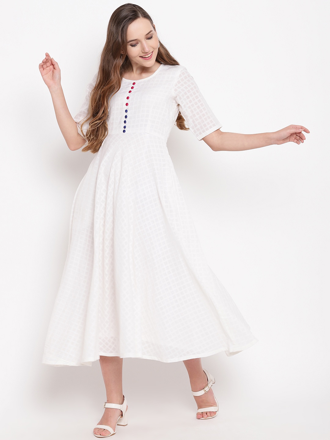 trueBrowns Women White Checked Maxi Dress