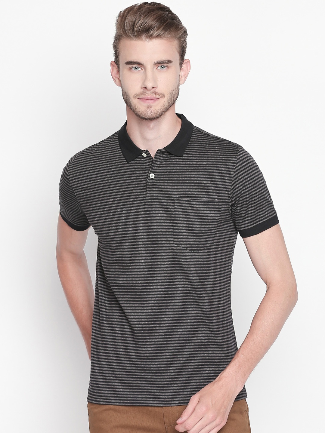 BYFORD by Pantaloons Men Black Striped Polo Collar T-shirt