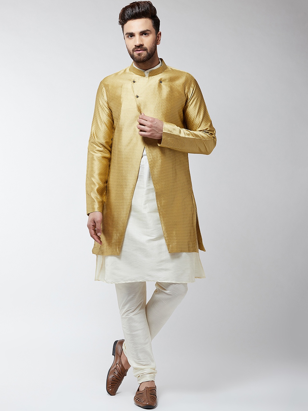 SOJANYA Men Off-White Self Design Kurta with Churidar