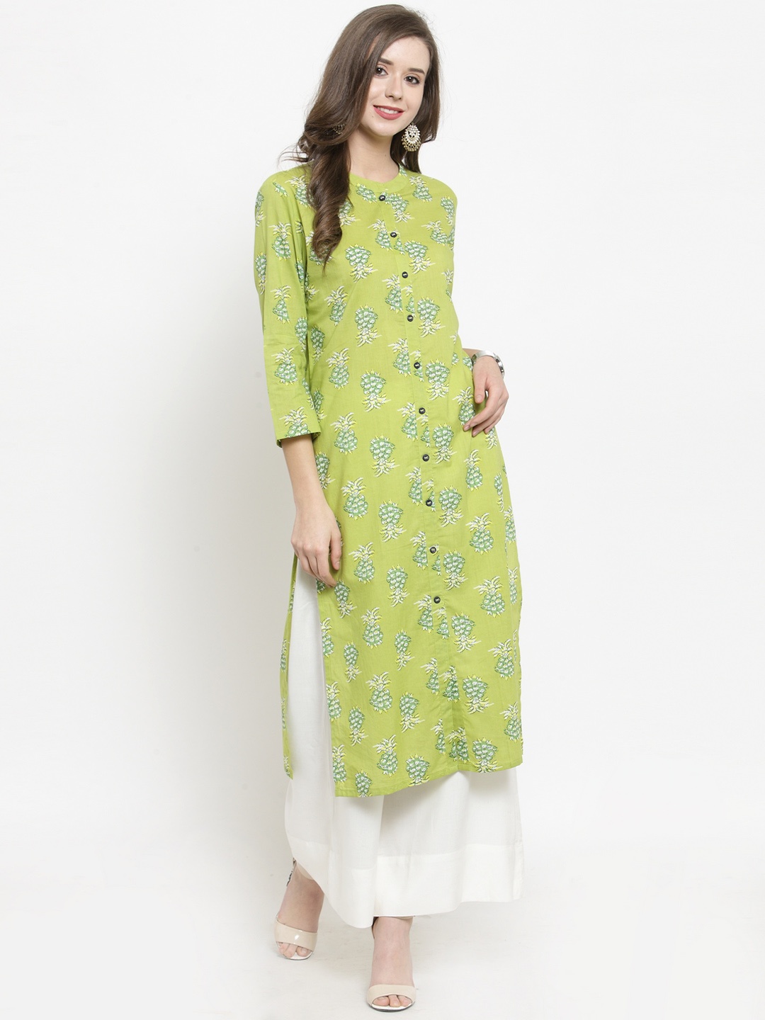 Varanga Women Green & White Printed Kurta with Palazzos