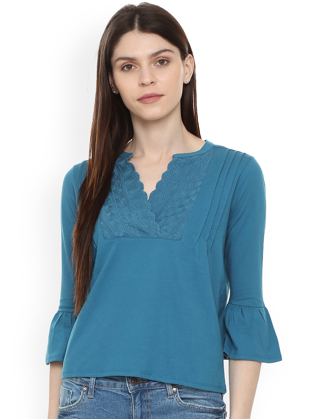 People Women Blue Solid A-Line Pure Cotton Top