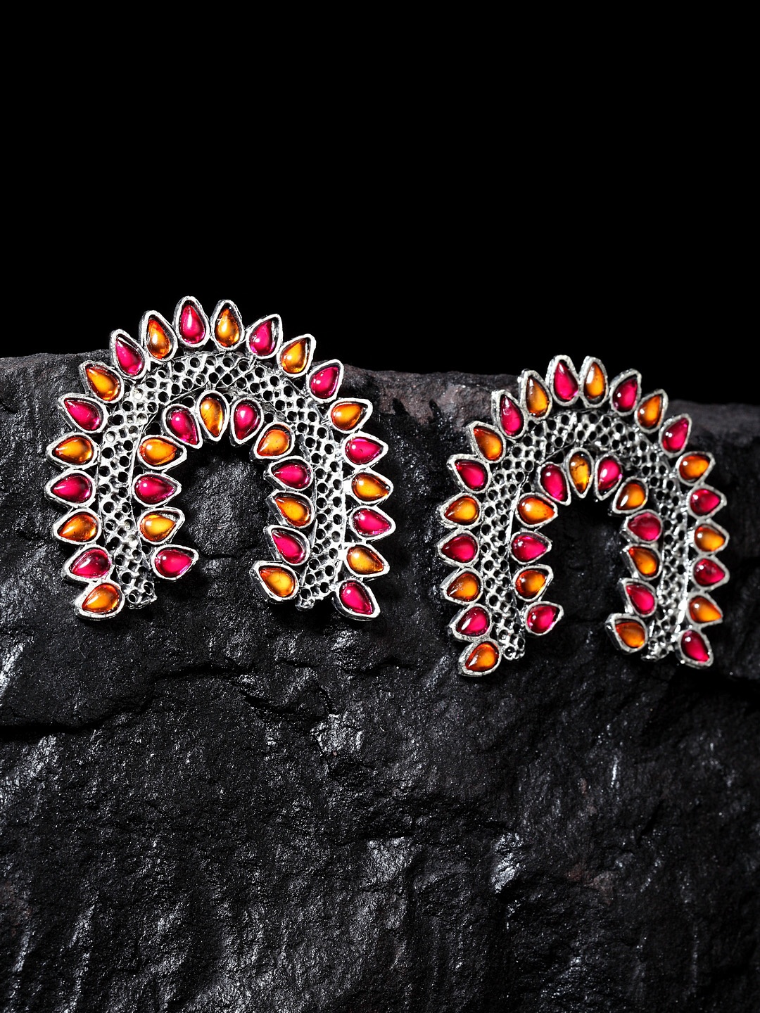 Moedbuille Pink & Orange Silver-Plated Handcrafted Crescent Shaped Studs
