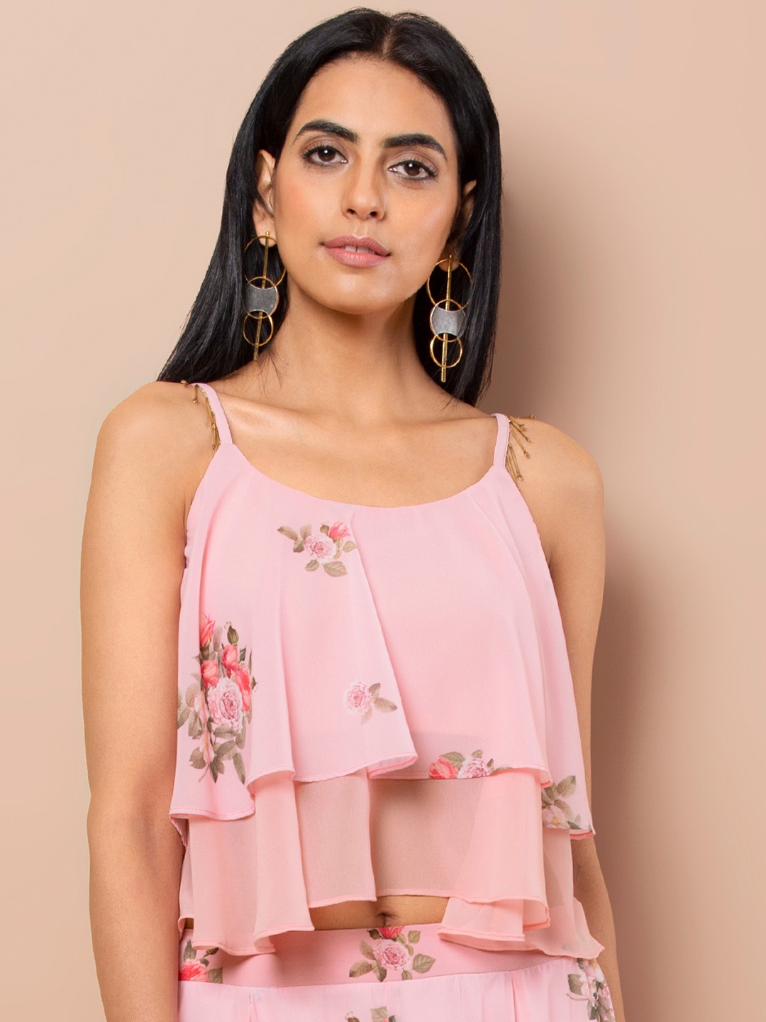 INDYA Women Pink Floral Printed Tiered Top