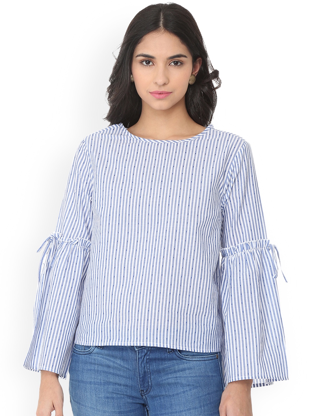 People Women Blue Striped A-Line Pure Cotton Top