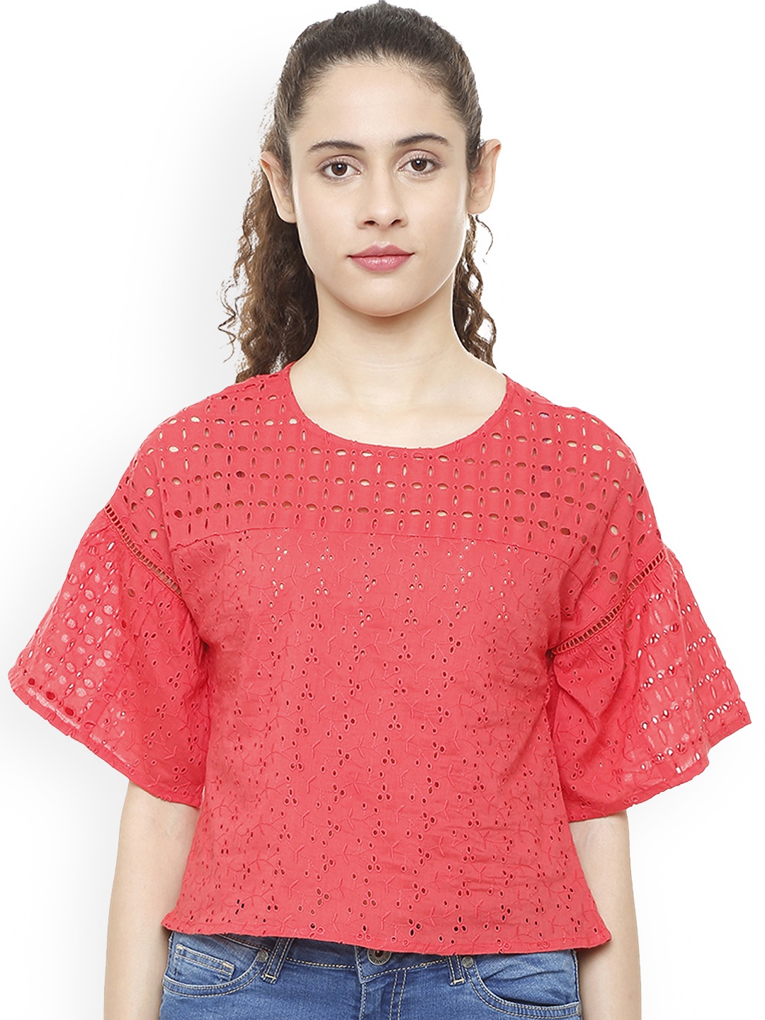 People Women Red Self Design Pure Cotton Top
