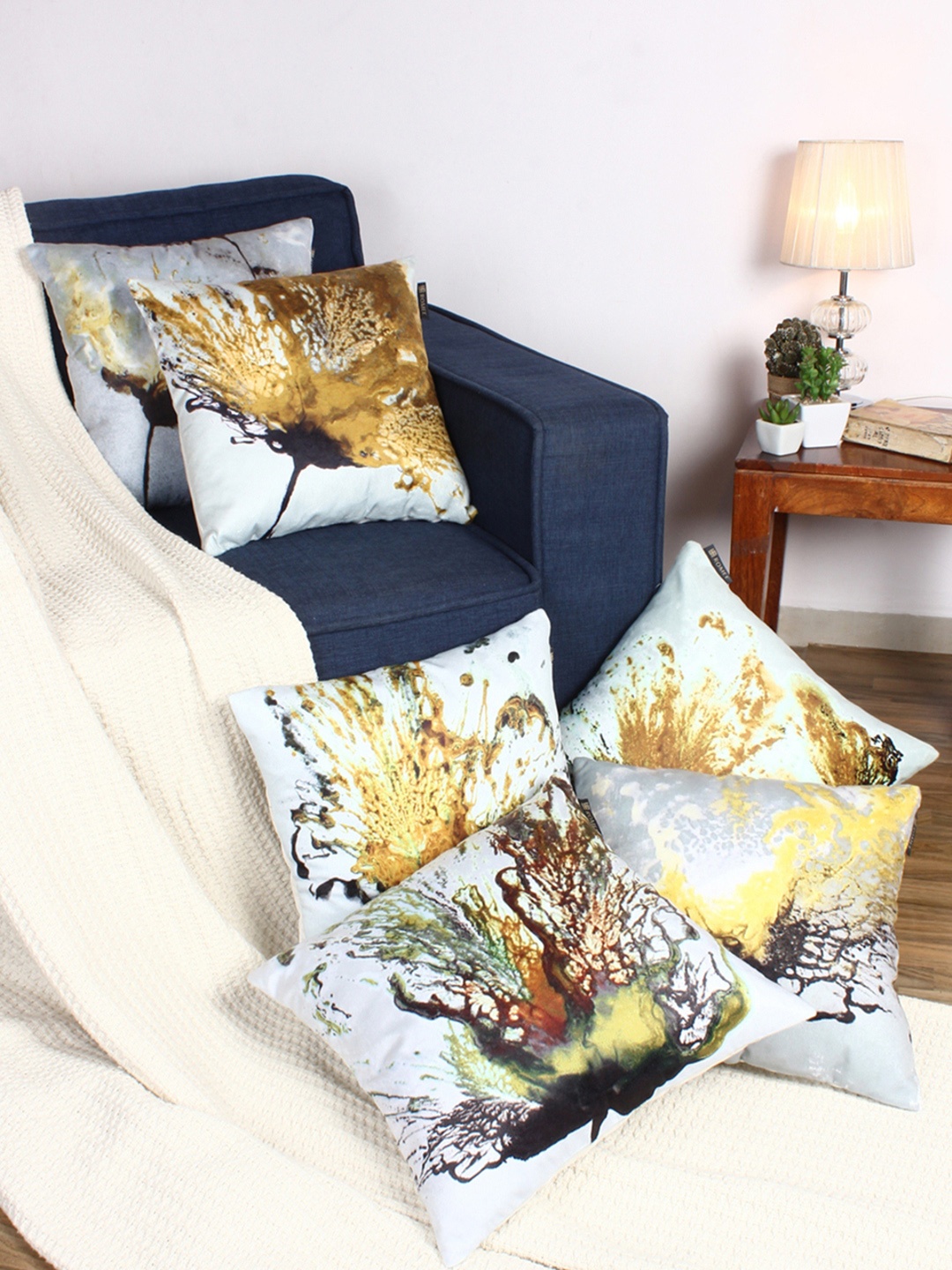 ROMEE Multicoloured Set of 6 Abstract Square Cushion Covers, Multi