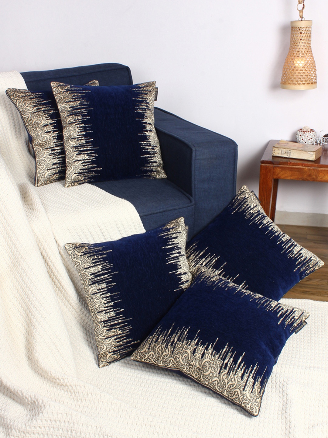 ROMEE Navy Blue Set of 5 Ethnic Motifs Square Cushion Covers