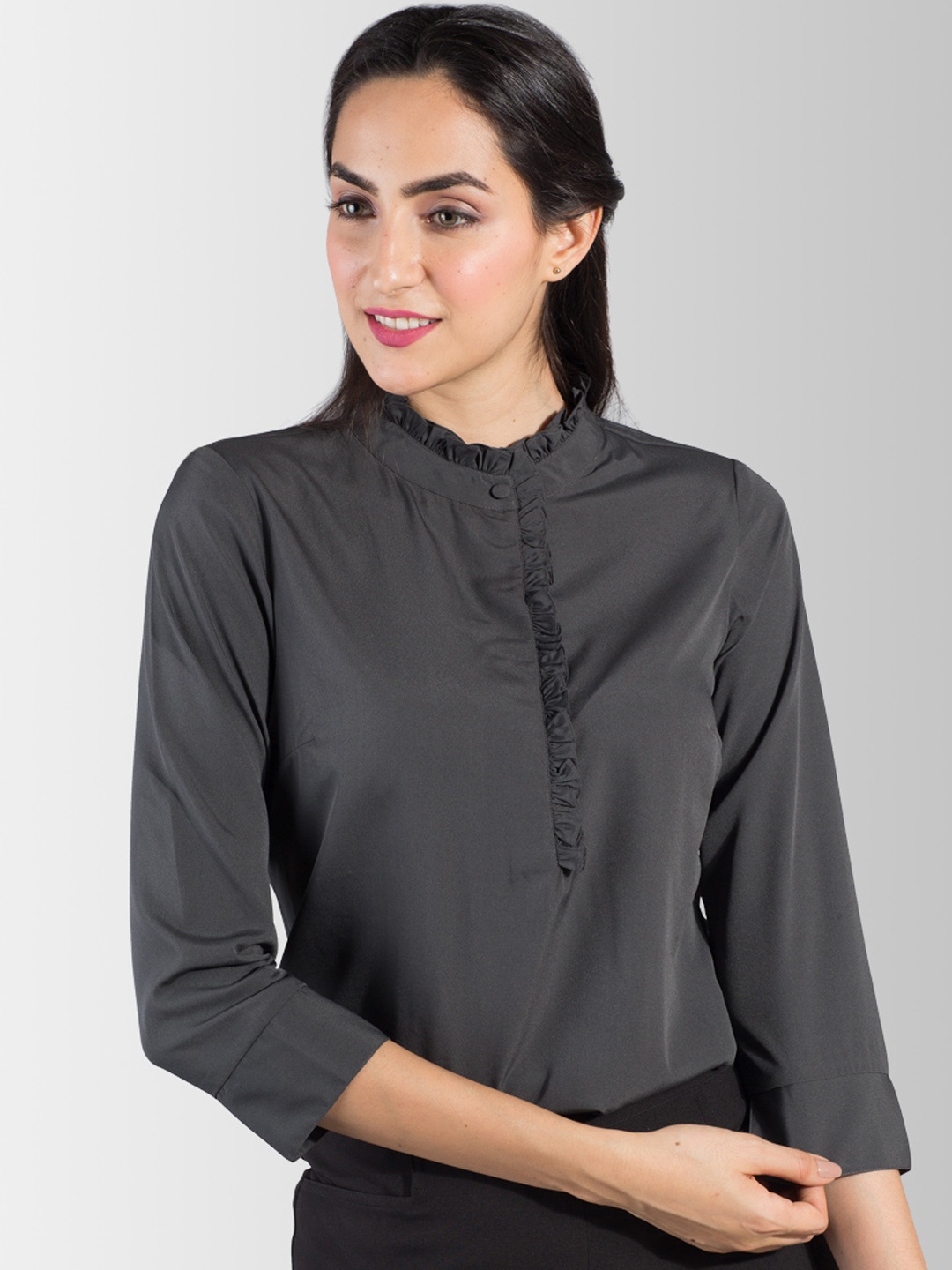 FableStreet Grey Mandarin Collar Ruffles Shirt Style Top