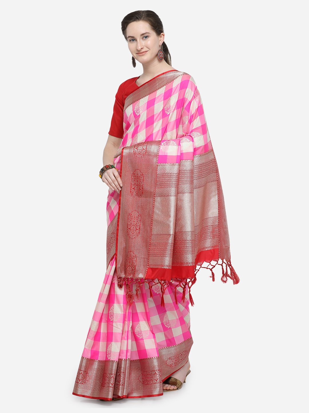 Varkala Silk Sarees Women Pink & Red Silk Blend Checked Banarasi Saree