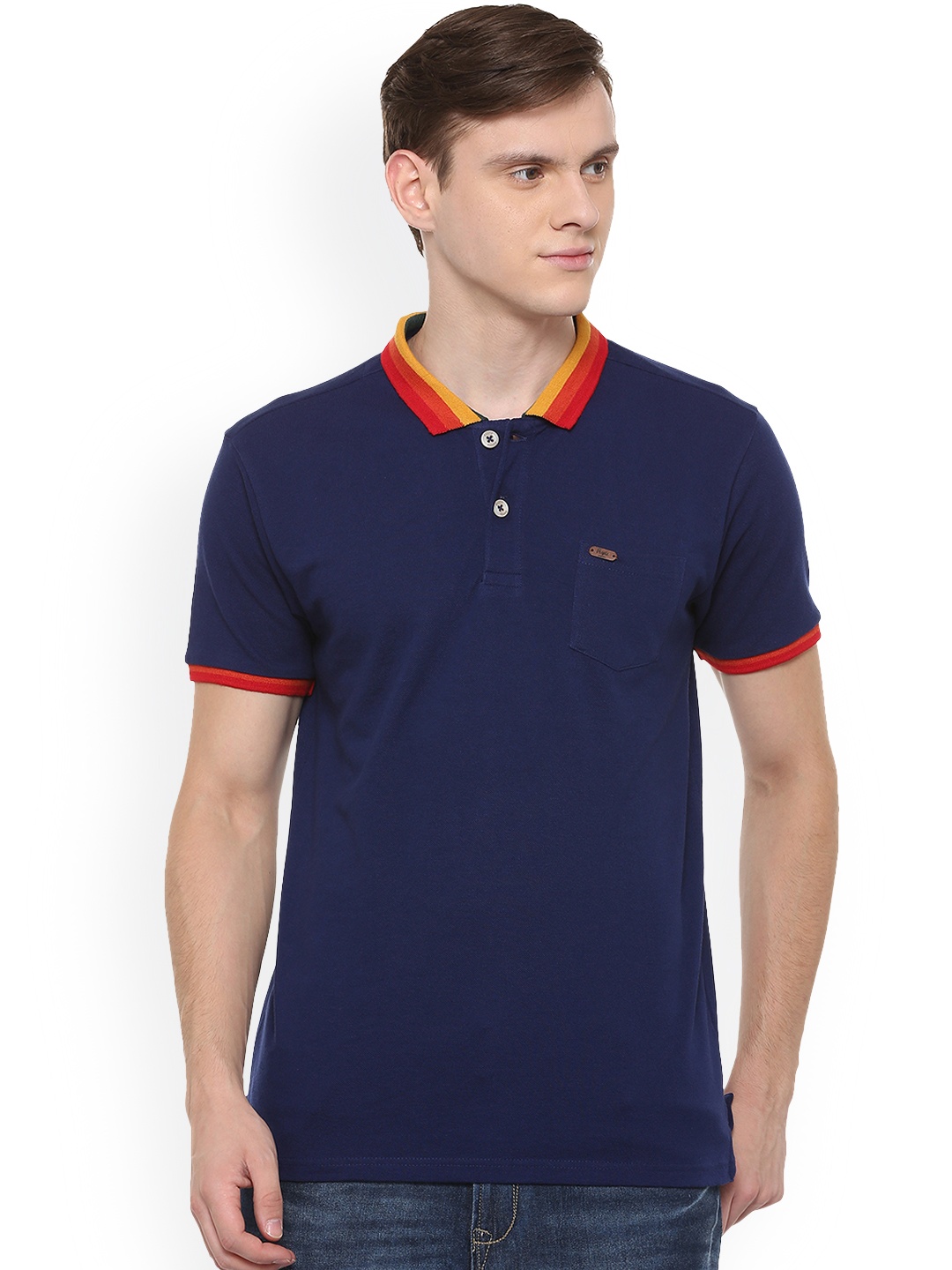 People Men Navy Blue Solid Polo Collar T-shirt