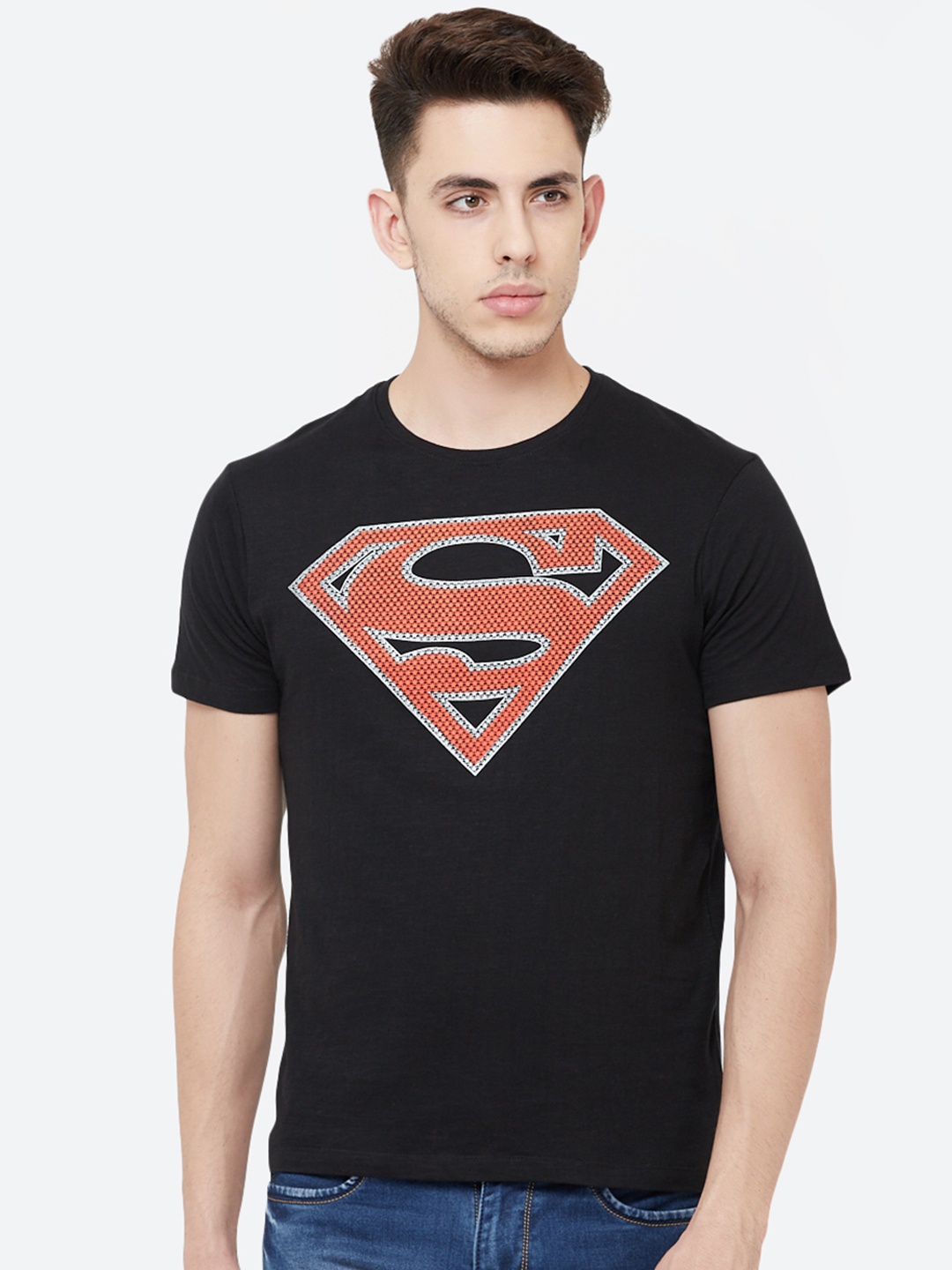 Free Authority Men Black Superman Printed Round Neck T-Shirt