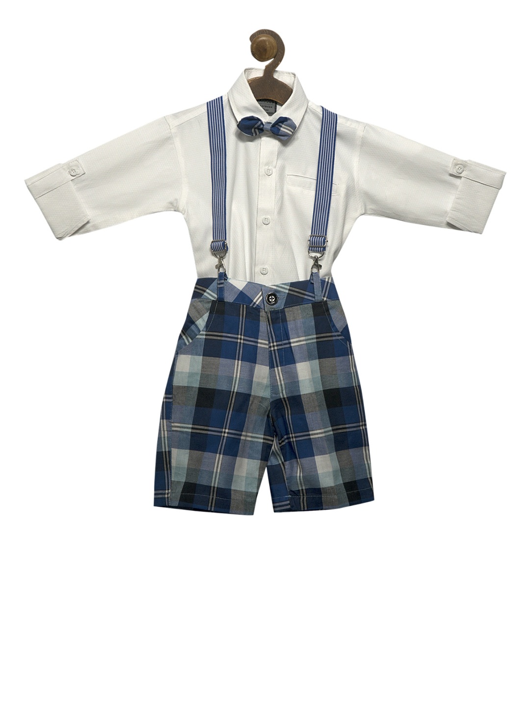 RIKIDOOS Boys Blue & White Checked Dungaree With Shirt