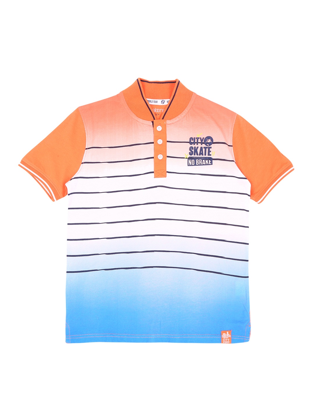 Pantaloons Junior Boys Orange Striped Mandarin Collar T-shirt