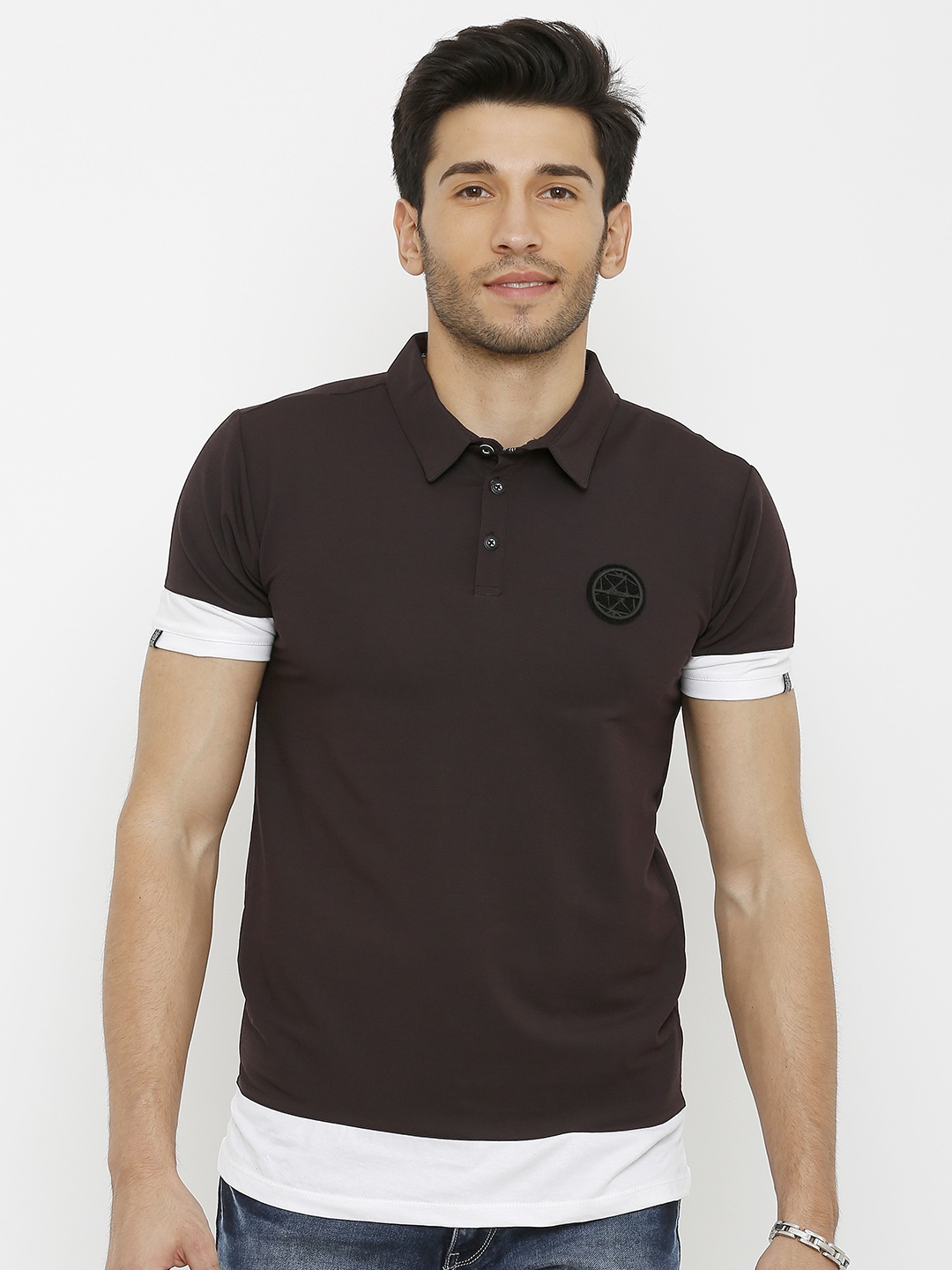 Rex Straut Jeans Men Brown & White Colourblocked Polo Collar T-shirt